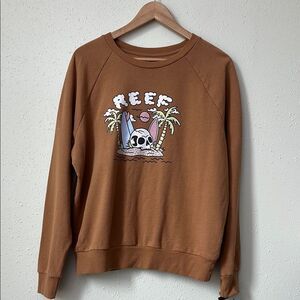 New Reef Brown Crewneck Sweatershirt with Graphic Design Skull Island Size L